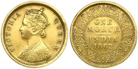 Great Britain India 1 Mohur 1862(c) Victoria(1837-1901). Averse: Crowned bust left. Averse Legend: VICTORIA QUEEN. Reverse: Value and date within bead...