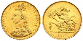 Great Britain 5 Pounds 1887 Victoria(1837-1901). Averse: Bust left wearing small crown and veil. Averse Legend: VICTORIA D:G: BRITT: REG: F:D:. Revers...