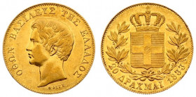 Greece 20 Drachmai 1833 Othon(1832-1862). Averse: Head left. Reverse: Crowned arms within branches. Gold. KM 21; Divo 9; Schl. 1; Fr. 10