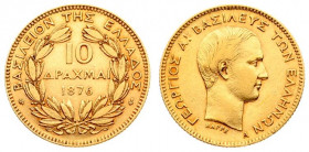 Greece 10 Drachmai 1876 A George I(1863 – 1913). Averse: Young head right. Reverse: Denomination and date within wreath. Gold. KM 48