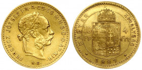 Hungary 4 Forint 10 Francs 1887KB Franz Joseph I(1848-1916). Averse: Laureate head; right. Reverse: Crowned shield divides value within circle; date b...