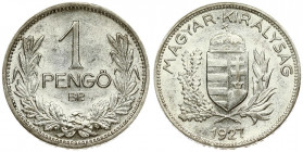 Hungary 1 Pengo 1927BP Averse: Crowned shield within branches. Reverse: Denomination within wreath. Silver. KM 510