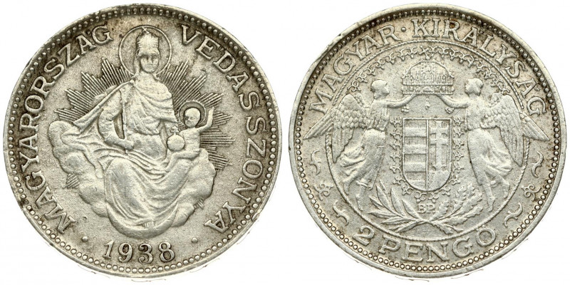 Hungary 2 Pengo 1938BP Averse: Angels flank crowned shield above spray. Reverse:...