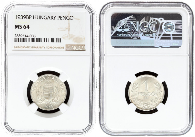 Hungary 1 Pengo 1939 BP Budapest. Averse: Crowned shield within branches. Revers...