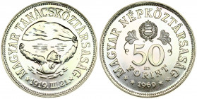 Hungary 50 Forint 1969 50th Anniversary - Republic of Councils. Averse: Small arms above denomination. Reverse: Half figure with arms spread. Silver. ...