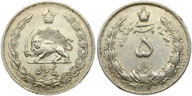 Iran 5 Rials 1311/1932 Reza Shah(1925 - 1941). Averse: Value within crowned wreath. Averse Legend: Reza Shah. Reverse: Radiant lion holding sword with...