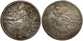 Italy PAPAL STATES 1 Piastra (1658) Alexander VII(1655-1667). Averse: Arms; St. Peter reclining above. Reverse: St. Thomas of Villanova giving alms to...