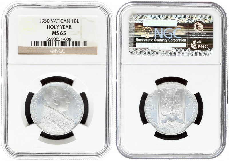 Vatican City 10 Lire 1950 Holy Year. Pius XII (1939-1958). Averse: Bust right. R...