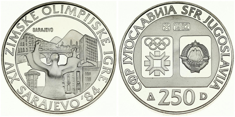 Yugoslavia 250 Dinara 1982 1984 Winter Olympics. Averse: Emblem and Olympic logo...