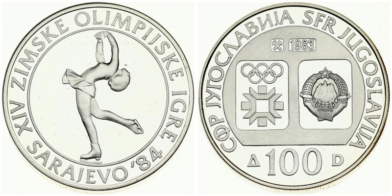 Yugoslavia 100 Dinara 1983 Figure Skating. Averse: Emblem and Olympic logo on se...