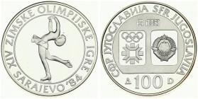 Yugoslavia 100 Dinara 1983 Figure Skating. Averse: Emblem and Olympic logo on separate shields within flat bottom circle. Reverse: Figure skater. Silv...