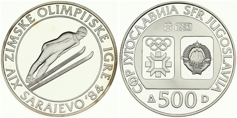 Yugoslavia 500 Dinara 1983 Ski Jumping. Averse: Emblem and Olympic logo on separ...
