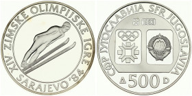 Yugoslavia 500 Dinara 1983 Ski Jumping. Averse: Emblem and Olympic logo on separate shields within flat bottom circle. Reverse: Ski jumper. Silver. KM...