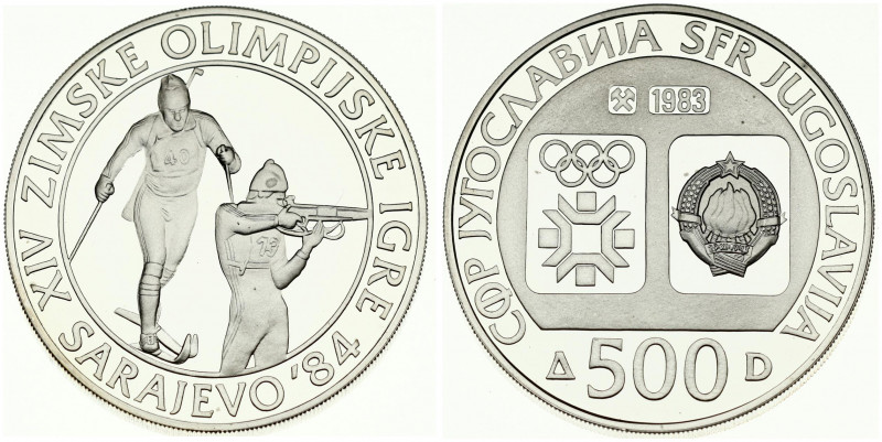 Yugoslavia 500 Dinara 1983 Biathalon. Averse: Emblem and Olympic logo on separat...