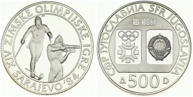 Yugoslavia 500 Dinara 1983 Biathalon. Averse: Emblem and Olympic logo on separate shields within flat bottom circle. Reverse: Cross country skier and ...