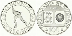 Yugoslavia 100 Dinara 1984 Speed Skating. Averse: Emblem and Olympic logo on separate shields within flat bottom circle. Reverse: Skater. Silver. KM 1...
