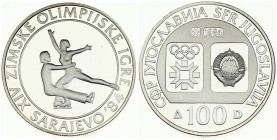 Yugoslavia 100 Dinara 1984 Pairs Figure Skating. Averse: Emblem and Olympic logo on separate shields within flat bottom circle. Reverse: Figure skater...