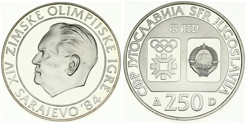 Yugoslavia 250 Dinara 1984 1984 Winter Olympics. Averse: Emblem and Olympic logo...