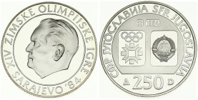 Yugoslavia 250 Dinara 1984 1984 Winter Olympics. Averse: Emblem and Olympic logo on separate shields within flat bottom circle. Reverse: Head of Tito ...