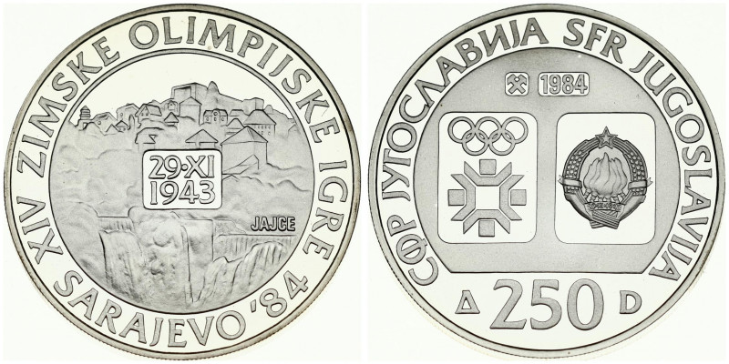 Yugoslavia 250 Dinara 1984 1984 Winter Olympics. Averse: Emblem and Olympic logo...
