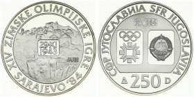 Yugoslavia 250 Dinara 1984 1984 Winter Olympics. Averse: Emblem and Olympic logo on separate shields within flat bottom circle. Reverse: Jajce village...