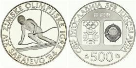 Yugoslavia 500 Dinara 1984 Slalom Skiing. Averse: Emblem and Olympic logo on separate shields within flat bottom circle. Reverse: Slalom Skiing. Silve...