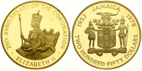 Jamaica 250 Dollars 1978 25th Anniversary of Coronation. Elizabeth II(1952-). Averse: Arms with supporters. Reverse: Queen seated on throne with crown...
