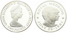 Jersey 2 Pounds 1981 Wedding of Prince Charles and Lady Diana. Averse: Crowned bust right. Reverse: Conjoined busts right. Silver. KM 52a