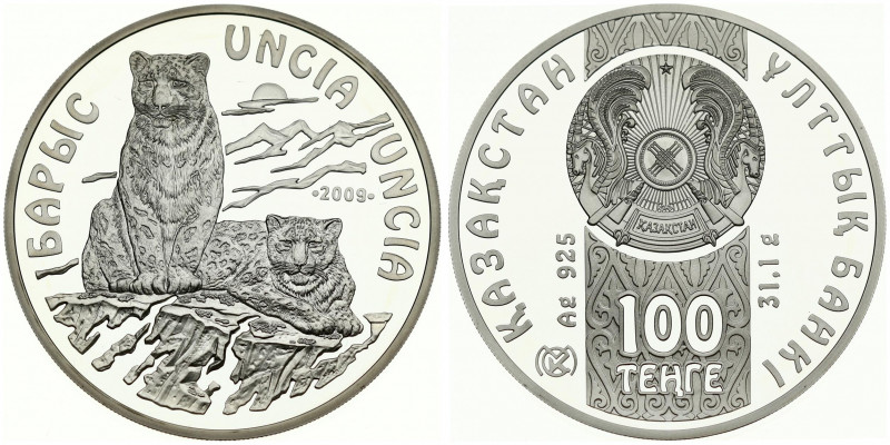 Kazakhstan 100 Tenge 2009 Snow Leopard. Averse: National emblem. Reverse: Two sn...