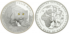 Kazakhstan 500 Tenge 2014 Averse: African continent with denomination; animals at right. Reverse: Large Felis Manull cat facing. Silver. KM 288. With ...