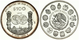 Mexico 100 Pesos 1992Mo Averse: National arms; eagle left within center of assorted arms. Reverse: Maps within circles flanked by pillars above sailbo...