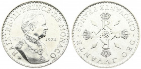Monaco 50 Francs 1974 (a) 25th Anniversary of Reign. Rainier III(1949-2005). Averse: Bust right. Reverse: Crowned monograms divide diamonds. Edge Desc...