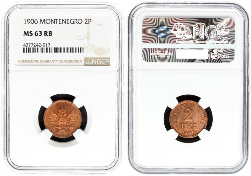 Montenegro 2 Pare 1906 Nicholas I(1860-1918). Averse: Crowned arms. Reverse: Val...