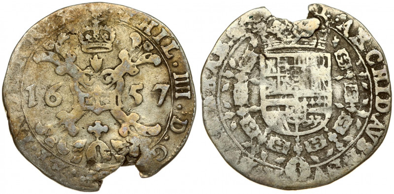 Spanish Netherlands BRABANT 1/4 Patagon 1657 Brussels. Averse: St. Andrew's cros...