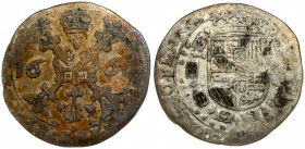 Spanish Netherlands FLANDERS 1/4 Patagon 1660 Averse: St. Andrew's cross; crown above; fleece below divides date. Reverse: Crowned shield of Philip IV...