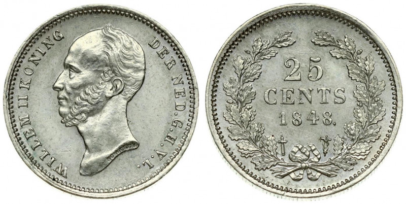 Netherlands 25 Cents 1848 Dot after date. William II(1840-1849 ). Averse: Head l...