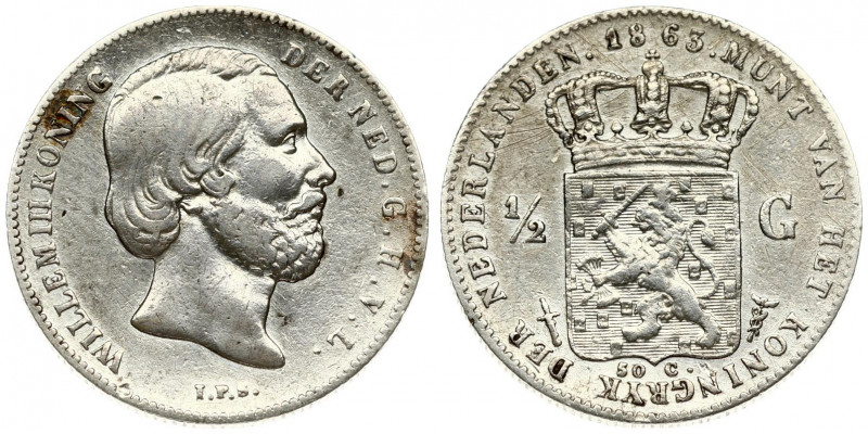 Netherlands 1/2 Gulden 1863 William III(1849-1890 ). Averse: Head right. Averse ...
