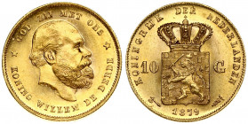 Netherlands 10 Gulden 1879 William III(1849-1890 ). Averse: Head right. Averse Legend: KONING WILLEM DE DERDE * GOD ZIJ MET ONS. Reverse: Crowned arms...