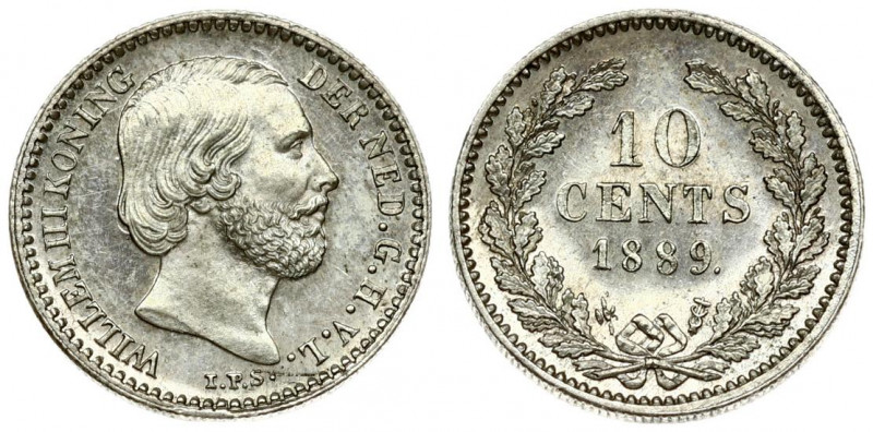 Netherlands 10 Cents 1889 William III(1849-1890 ). Averse: Head right. Averse Le...