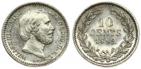 Netherlands 10 Cents 1889 William III(1849-1890 ). Averse: Head right. Averse Legend: WILLEM III KONING - DER NEDERLANDEN G.H.V.L. Reverse: Value and ...