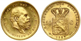 Netherlands 10 Gulden 1889 William III(1849-1890 ). Averse: Head right. Averse Legend: KONING WILLEM DE DERDE * GOD ZIJ MET ONS. Reverse: Crowned arms...