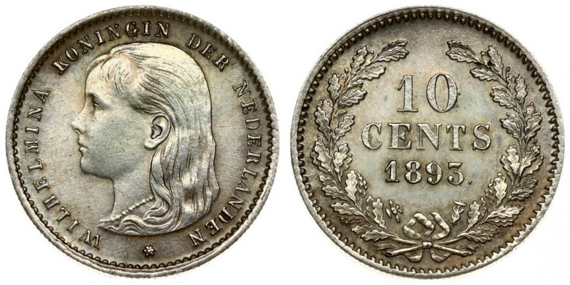 Netherlands 10 Cents 1893 Wilhelmina I(1890–1948). Averse: Young head left. Aver...