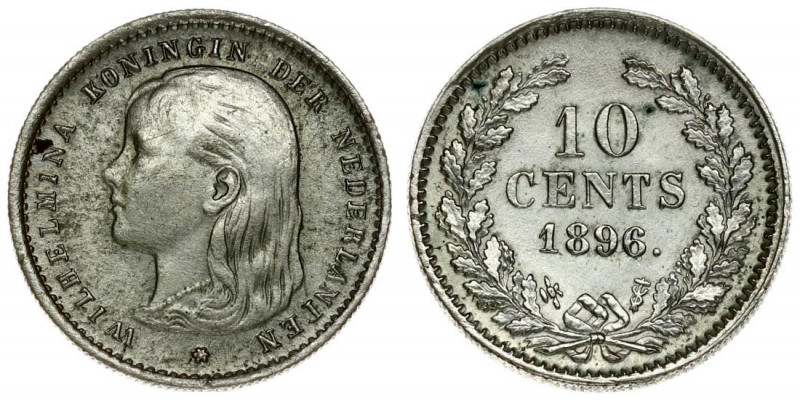 Netherlands 10 Cents 1896 Wilhelmina I(1890–1948). Averse: Young head left. Aver...