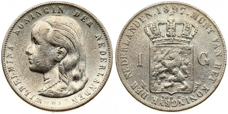 Netherlands 1 Gulden 1897 Wilhelmina I(1890–1948). Averse: Young head left. Aver...