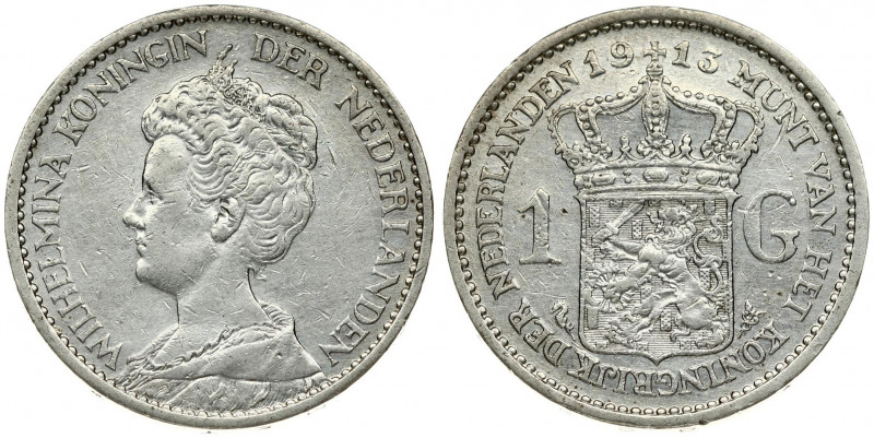 Netherlands 1 Gulden 1913 Wilhelmina I(1890–1948). Averse: Head left. Reverse: C...