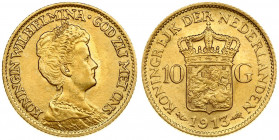 Netherlands 10 Gulden 1913 Wilhelmina I(1890–1948). Averse: Head right. Reverse: Crowned arms divide value. Edge Description: Reeded. Gold. KM 149