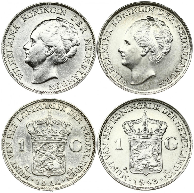 Netherlands 1 Gulden 1924 & Netherlands East Indies 1 Gulden 1943D. Wilhelmina I...