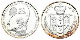 Niue 50 Dollars 1987 Tennis. Averse: Crowned arms within sprigs. Reverse: Boris Becker. Silver. KM 2