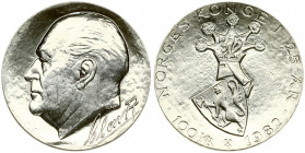 Norway 100 Kroner 1982 25th Anniversary of King Olav's Reign. Olav V(1957-1991). Averse: Head left. Reverse: Tilted shield under artistic designed shi...