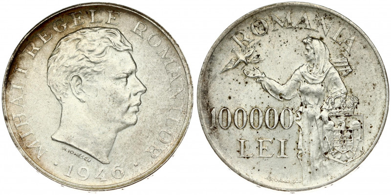 Romania 100000 Lei 1946 Mihai I(1940-1947). Averse: Head right. Reverse: Standin...